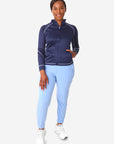 Women's Mesh Scrub Jacket Navy Blue Front View Full Body Plus Ceil Blue Stretch Scrubs