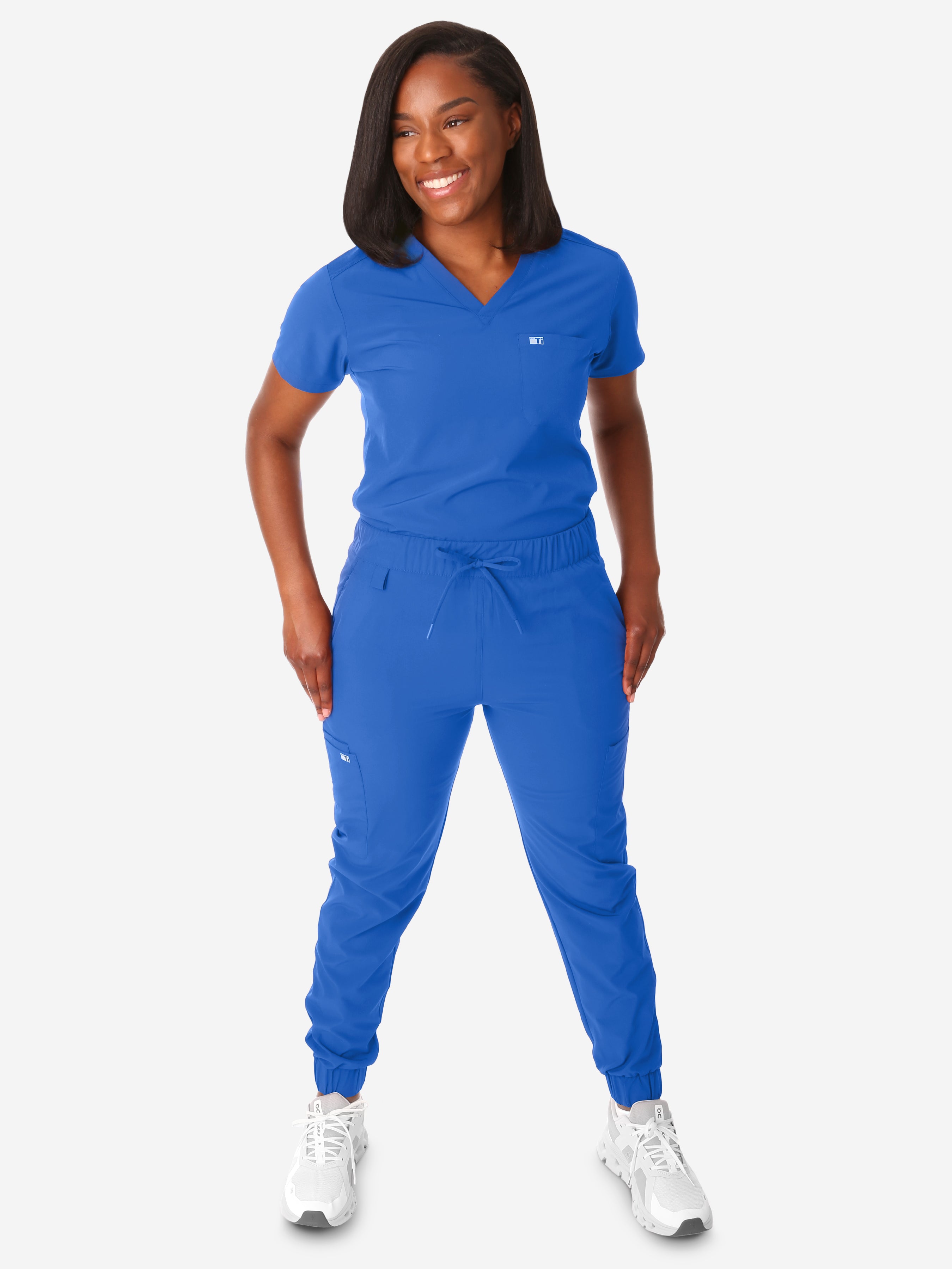TiScrubs Royal Blue Women&#39;s Stretch Perfect Jogger Pants and One-Pocket Tuckable Top Front View Full Body