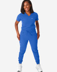 TiScrubs Royal Blue Women's Stretch Perfect Jogger Pants and One-Pocket Tuckable Top Front View Full Body
