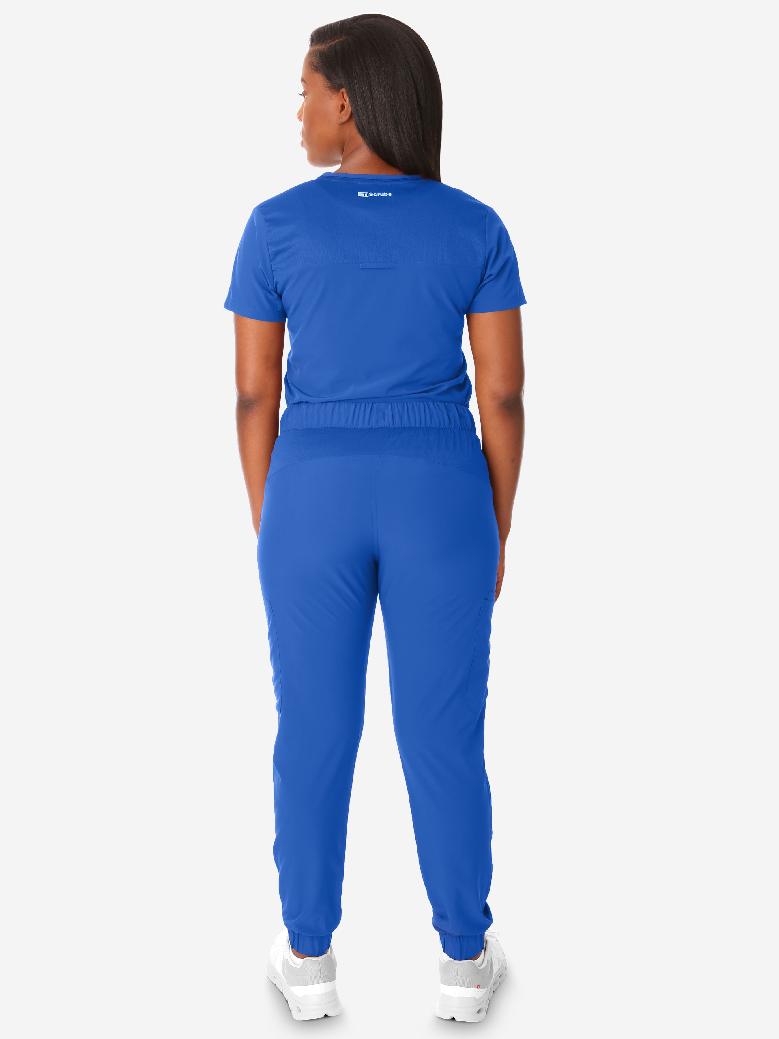TiScrubs Royal Blue Women&#39;s Stretch Perfect Jogger Pants and One-Pocket Tuckable Top Front Back Full Body