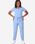 TiScrubs Ceil Blue Women's Stretch 9-Pocket Pants and One-Pocket Tuckable Top Front View Full Body