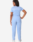 TiScrubs Ceil Blue Women's Stretch 9-Pocket Pants and One-Pocket Tuckable Top Back View Full Body