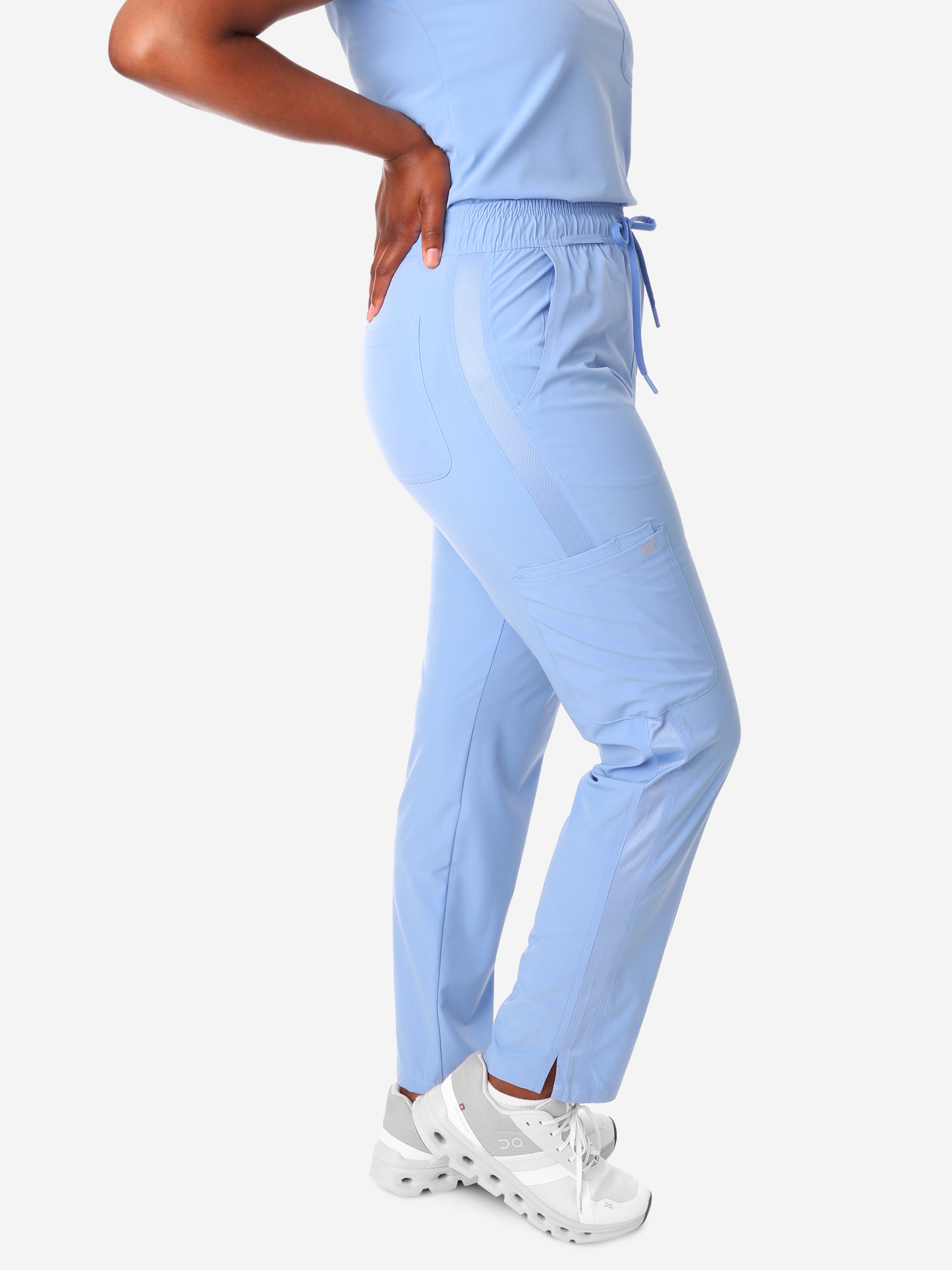 TiScrubs Ceil Blue Women&#39;s Stretch 9-Pocket Pants Side View Pants Only
