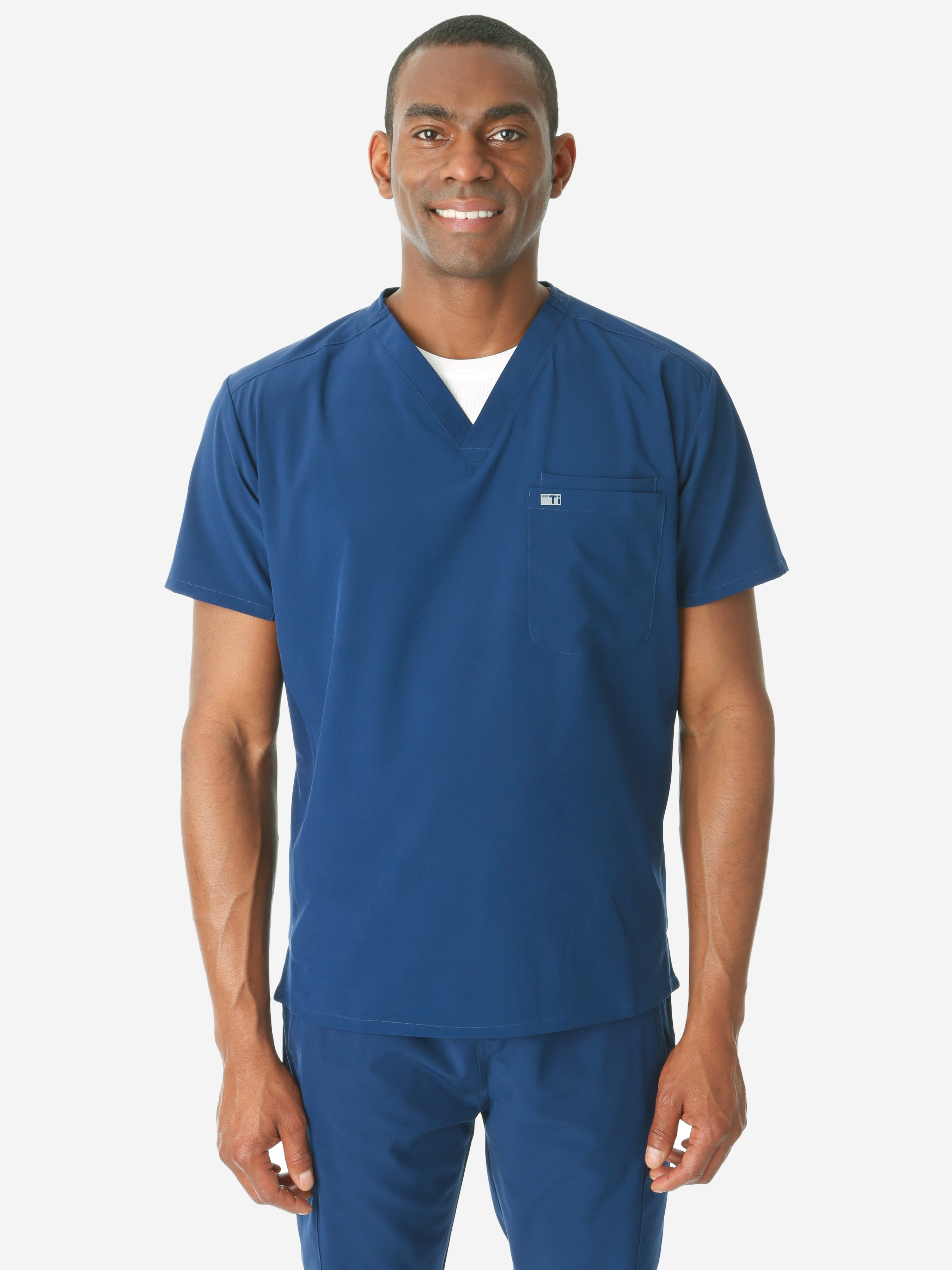 TiScrubs White Men's Mesh Short-Sleeve Underscrub Top Only Front with Navy Double-Pocket Top