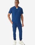 TiScrubs Stretch Navy Blue Men's Jogger Scrub Pants and Double-Pocket Top Untucked Full Body Front