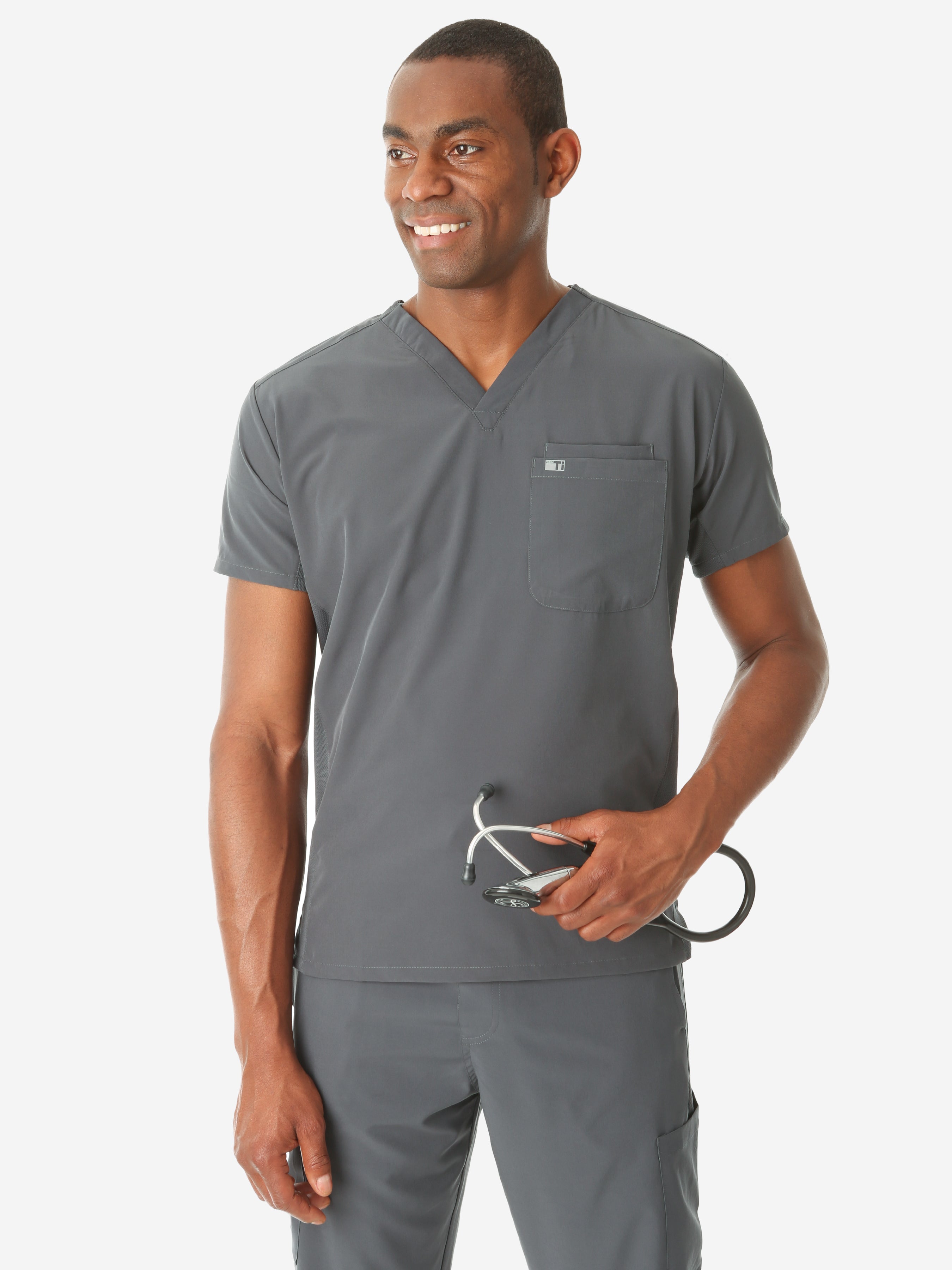 TiScrubs Men&#39;s Charcoal Gray Double-Pocket Top Only Untucked Front