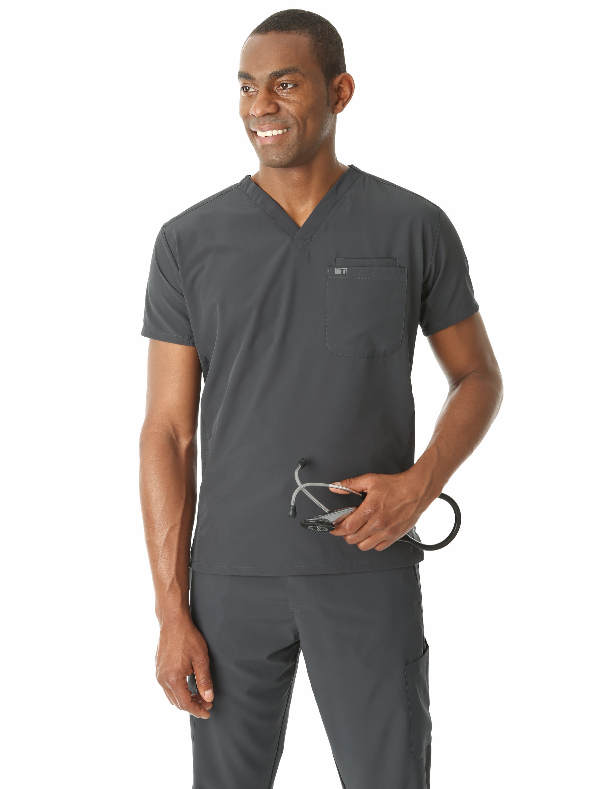 Men&#39;s Double Pocket Scrub Top Charcoal Gray Top Only Front View