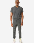 TiScrubs Stretch Men's Charcoal Gray Scrub Jogger Pants and Double-Pocket Top Tucked Full Body Front