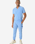 TiScrubs Men's Ceil Blue Double-Pocket Scrub Top Untucked and Joggers Full Body Front