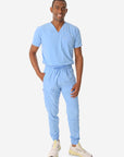 TiScrubs Stretch Men's Ceil Blue Jogger Scrub and Double-Pocket Top Tucked Full Body Front
