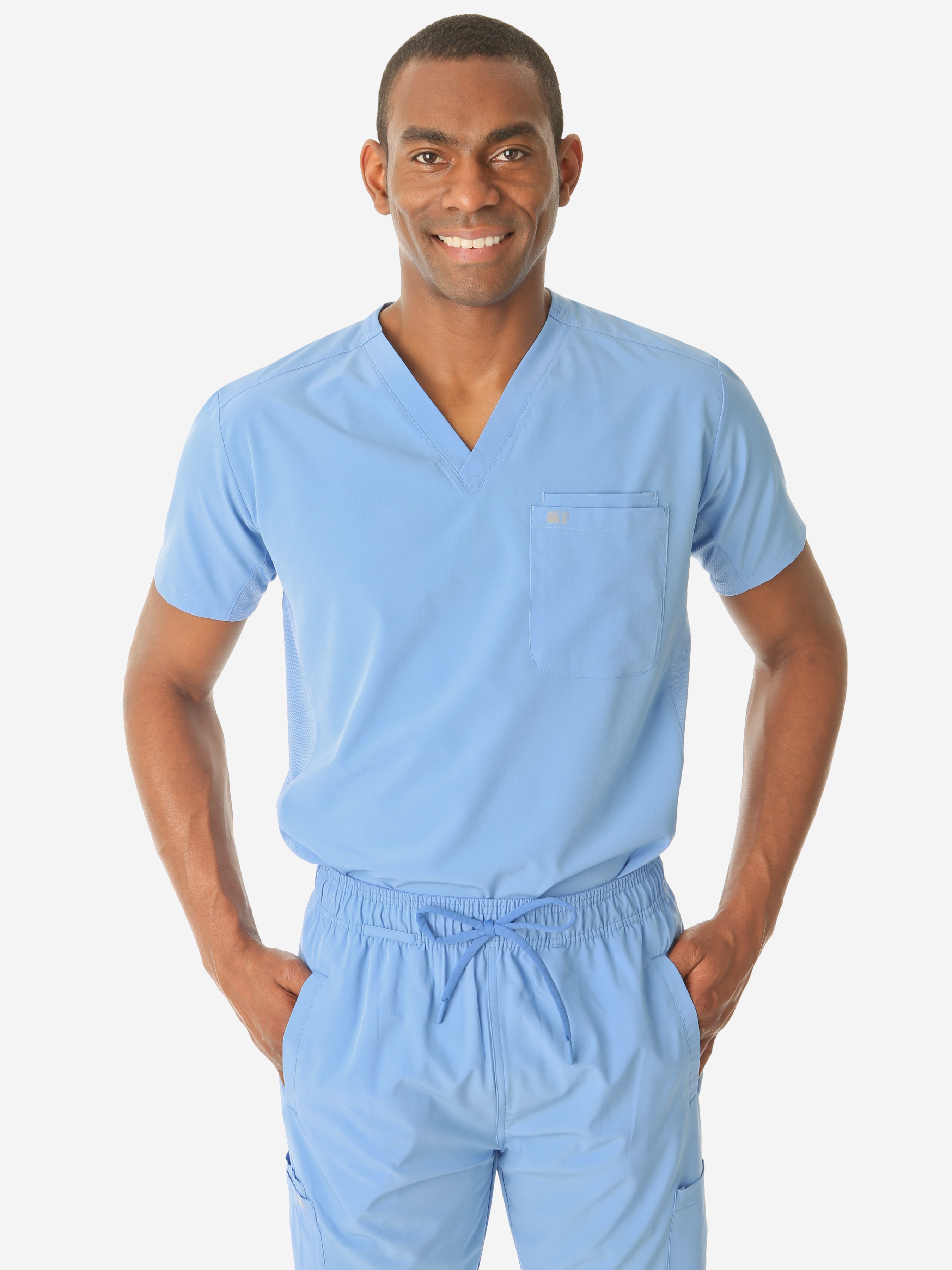 TiScrubs Men's Ceil Blue Double-Pocket Scrub Top Only Tucked Top Front