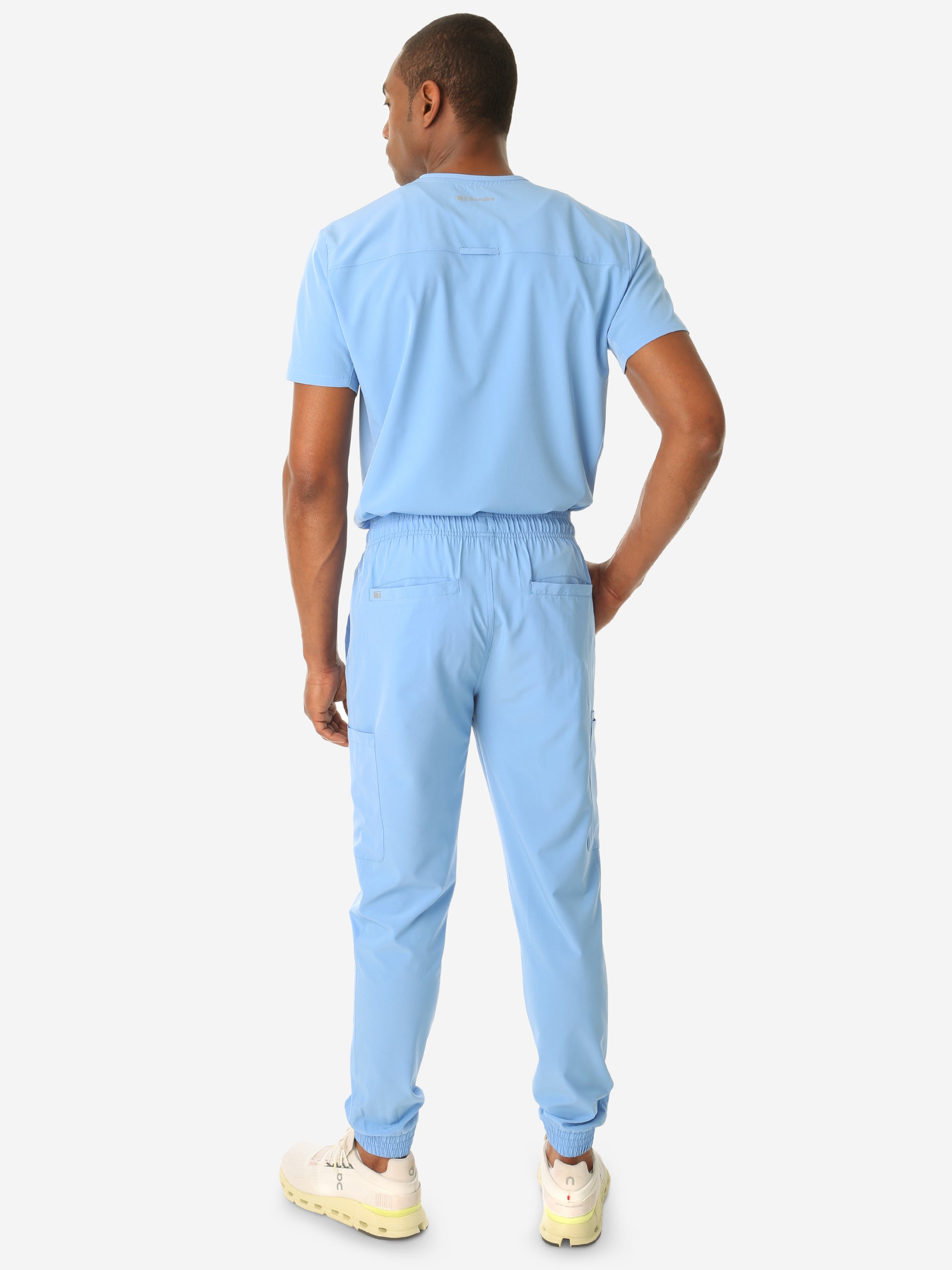 TiScrubs Men's Stretch Ceil Blue Jogger Scrub and Double-Pocket Top Tucked Full Body Back