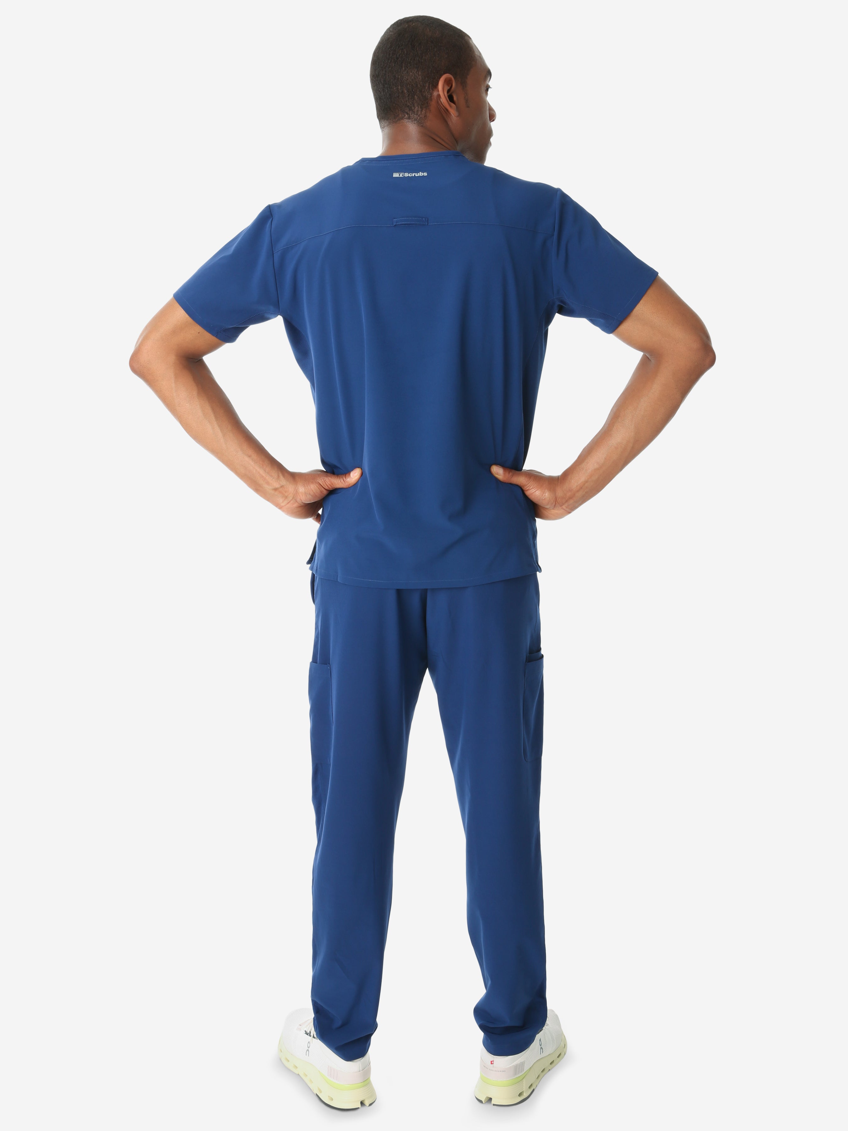 TiScrubs Men&#39;s Navy Blue Double-Pocket Scrub Top Untucked and 9-Pocket Full Body Back