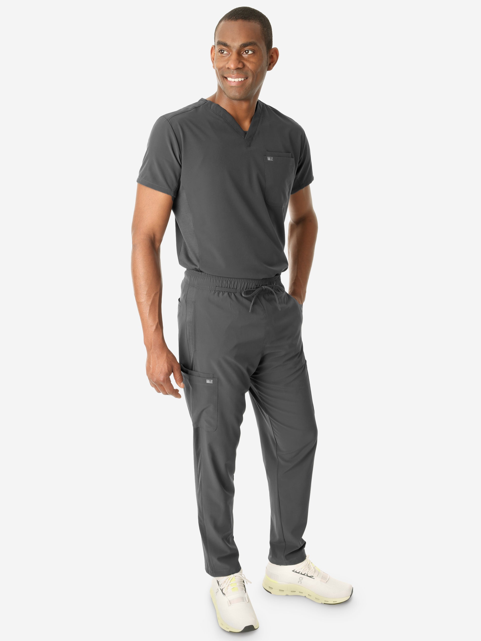 Men's 9-Pocket Scrub Pants Charcoal Gray with Double-Pocket Scrub Top Front 