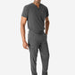 Men's Double-Pocket Scrub Top Charcoal Gray Tucked with 9-Pocket Scrub Pants Front 