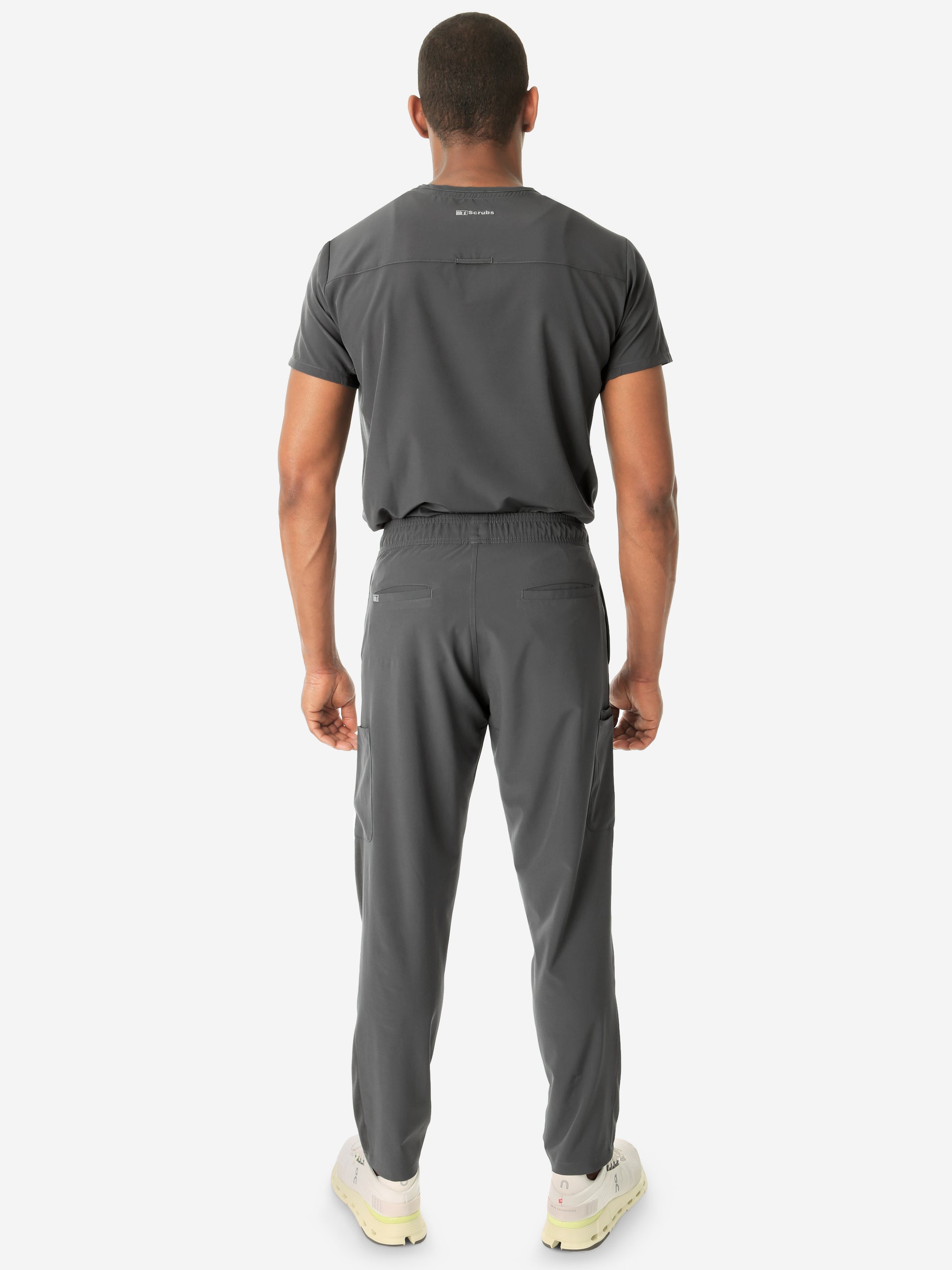 Men's Charcoal Gray 9-Pocket Scrub Pants and Double-Pocket Scrub Top Tucked Back View