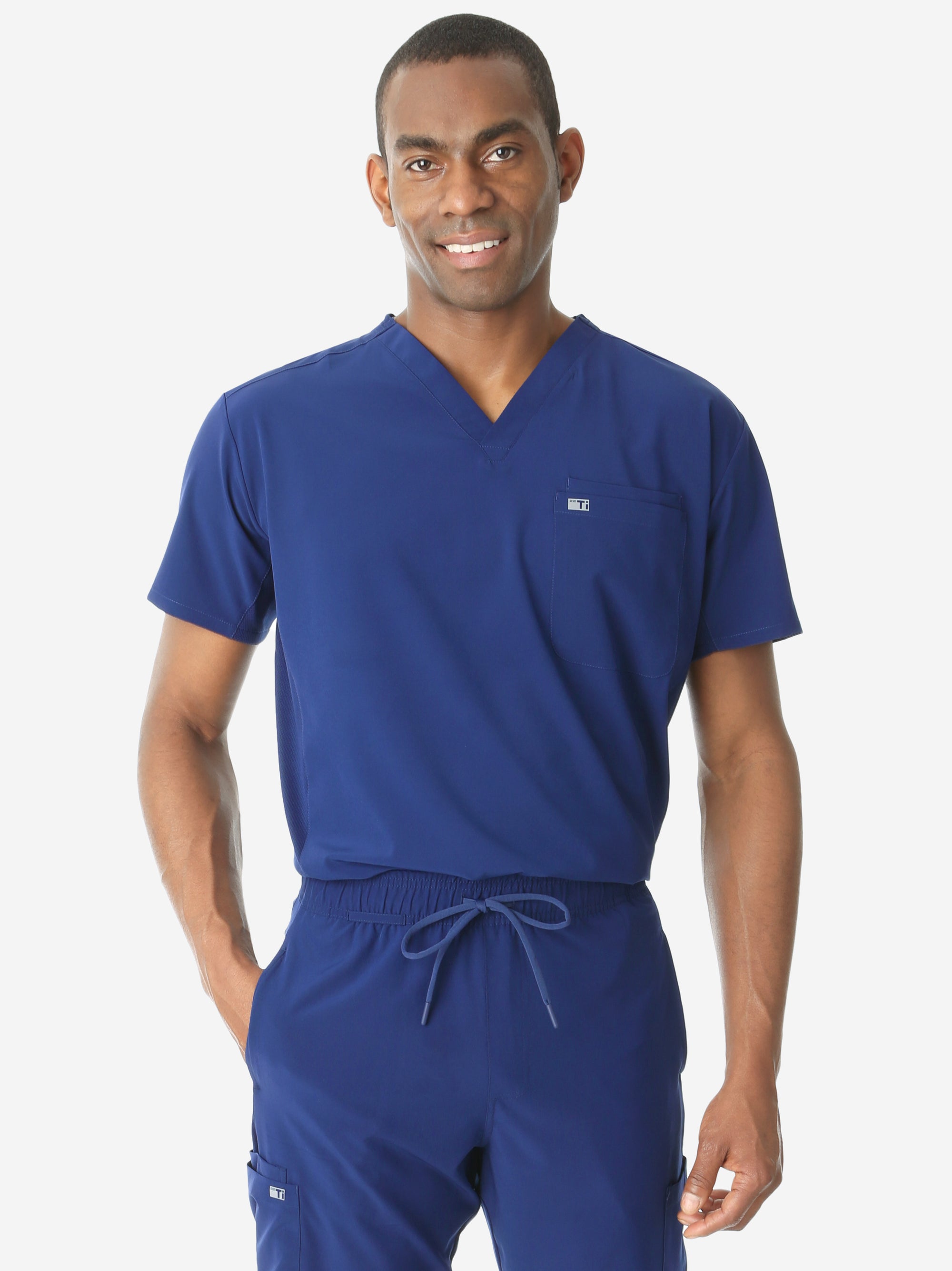 Men's Double-Pocket Scrub Top Navy Blue Tucked Front View