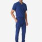 Men's Double-Pocket Scrub Top Navy Blue Tucked Side View with 9-Pocket Pants