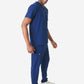 Men's Double-Pocket Scrub Top Navy Blue Untucked Side View with 9-Pocket Pants