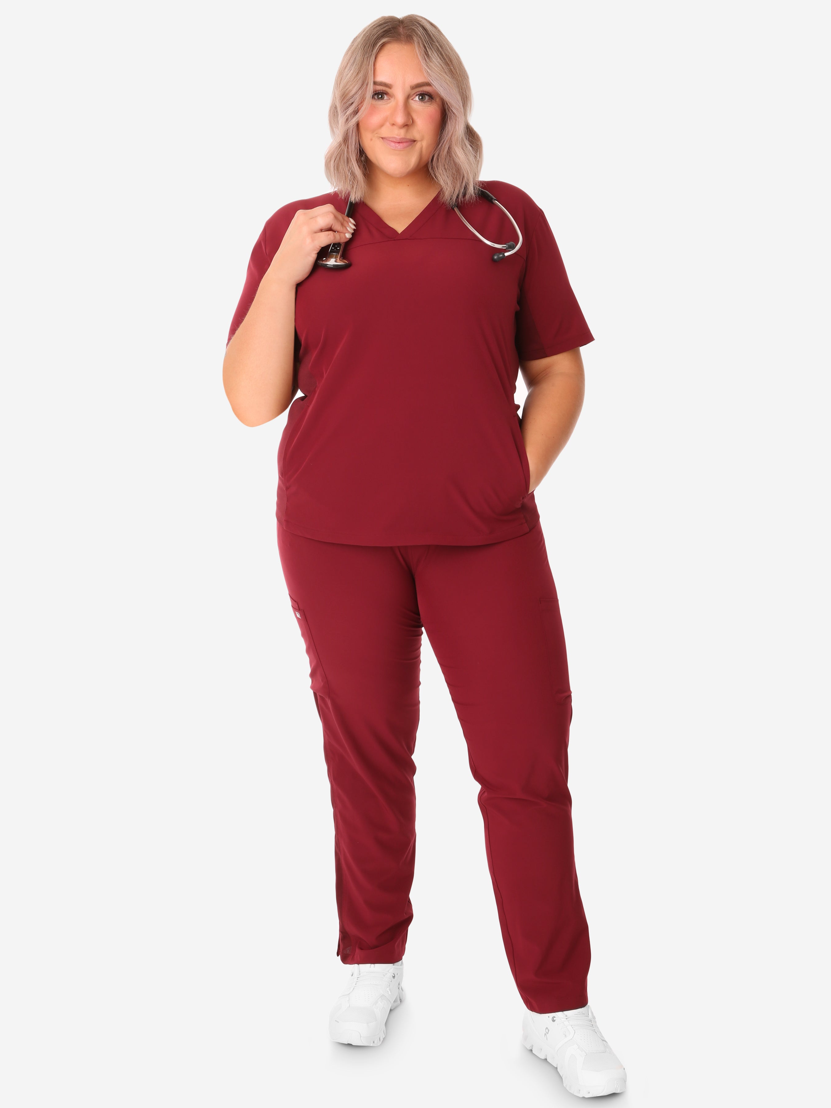 TiScrubs Women&#39;s Bold Burgundy Stash-Pocket Scrub Top + 9-Pocket Pants Full Body Front