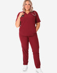 TiScrubs Women's Bold Burgundy Stash-Pocket Scrub Top + 9-Pocket Pants Full Body Front