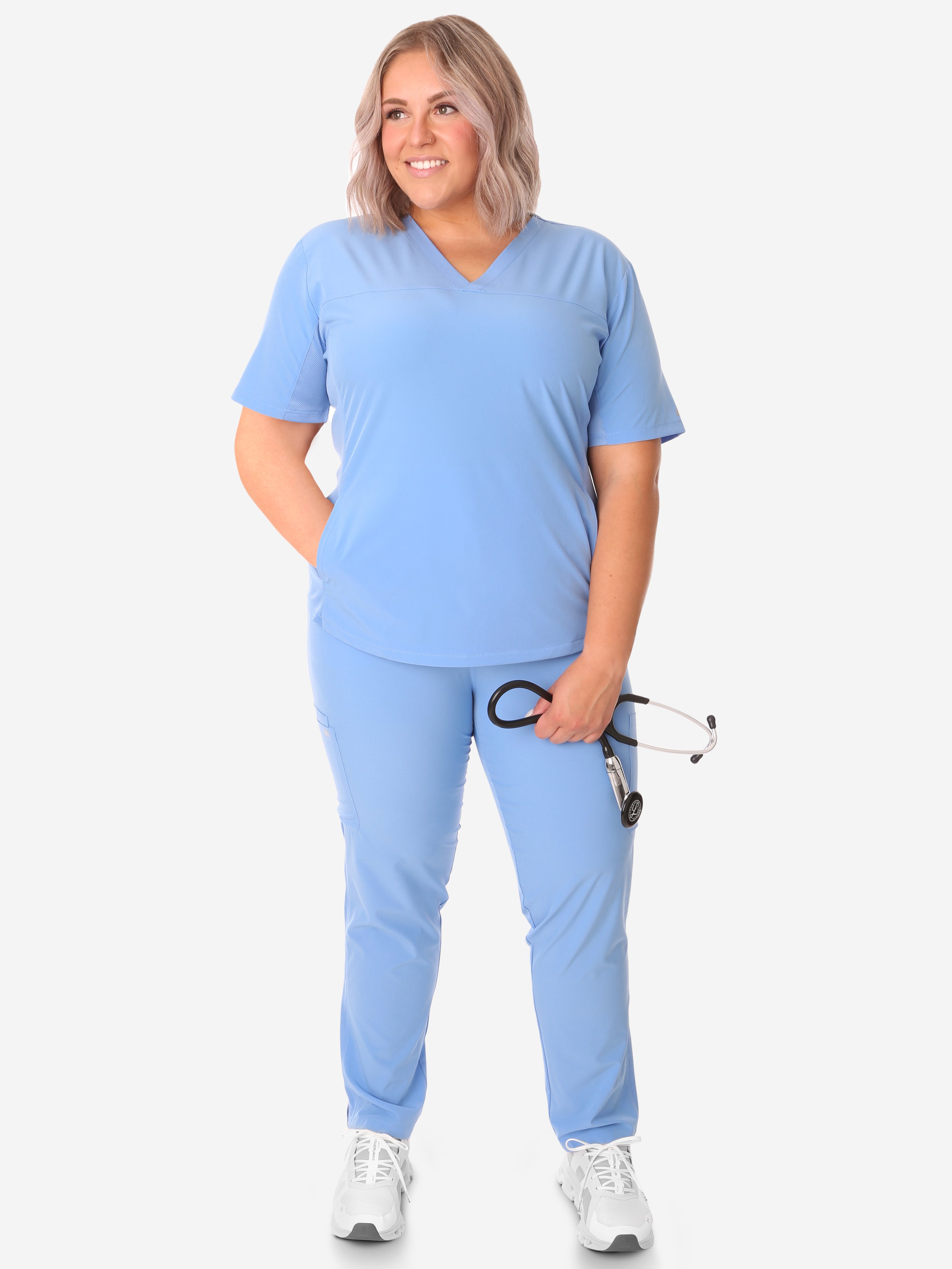 TiScrubs Women&#39;s Ceil Blue Stash-Pocket Scrub Top + 9-Pocket Pants Full Body Front