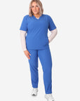 TiScrubs Women's White Long-Sleeve Mesh Underscrub Under Royal Blue Stash-Pocket Top 9-Pocket Pants Full Body Front