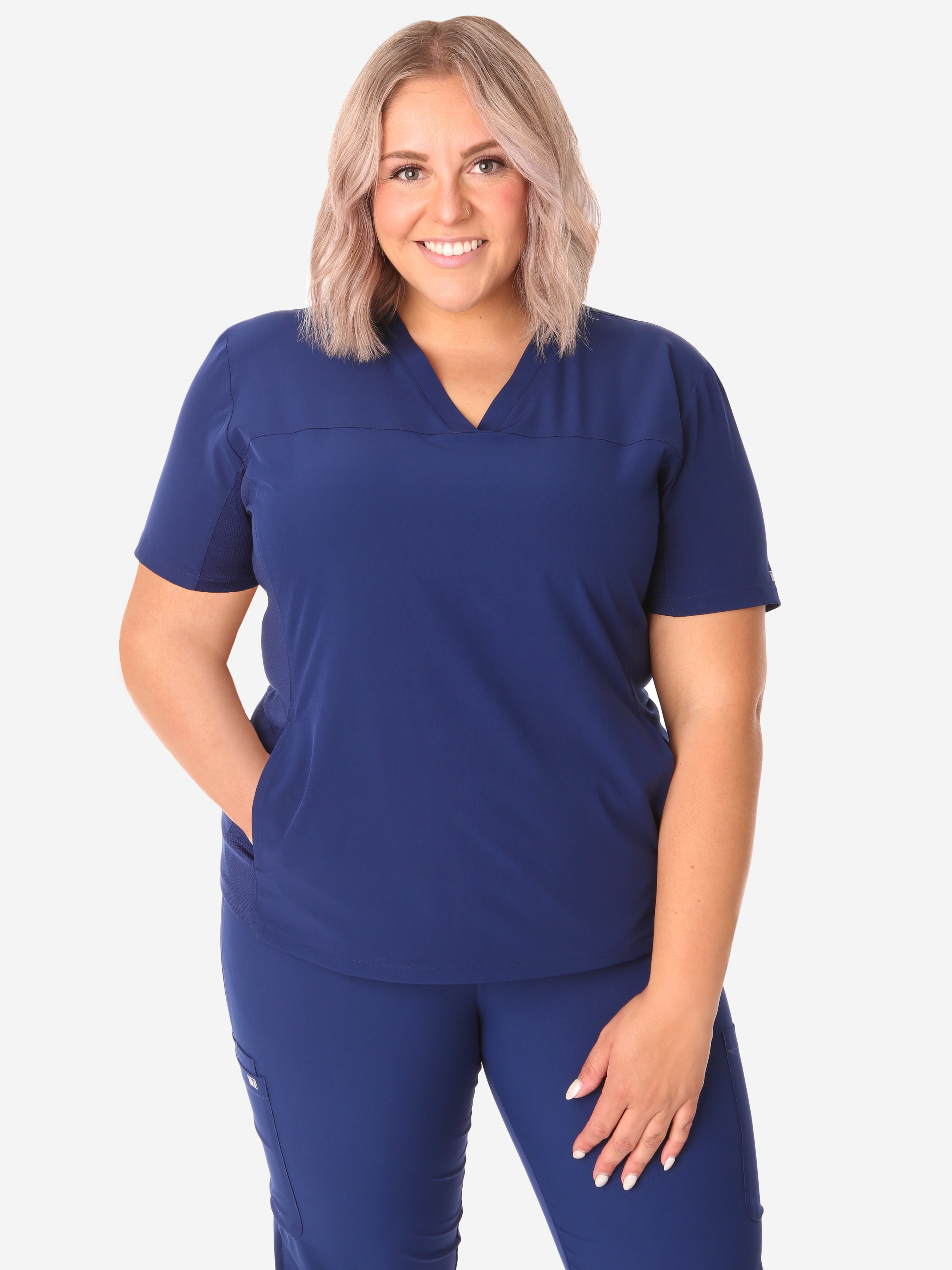TiScrubs Women&#39;s Navy Blue Stash-Pocket Scrub Top Only Front