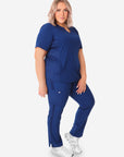 Women's Navy Blue Stash-Pocket Top Side View with 9-Pocket Pants