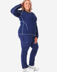 Women's Mesh Scrub Jacket Navy Blue Side View Full Body Plus Navy Stretch Scrubs