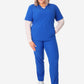 Women's Stash-Pocket Scrub Top Royal Blue with 9-Pocket Scrub Pants Front View