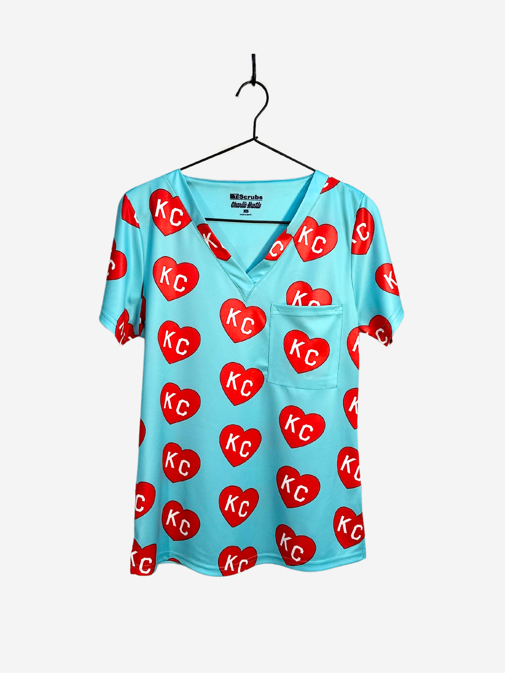 Women&#39;s Charlie Hustle Scrub Top Kansas City Current All-Over KC Heart Front View