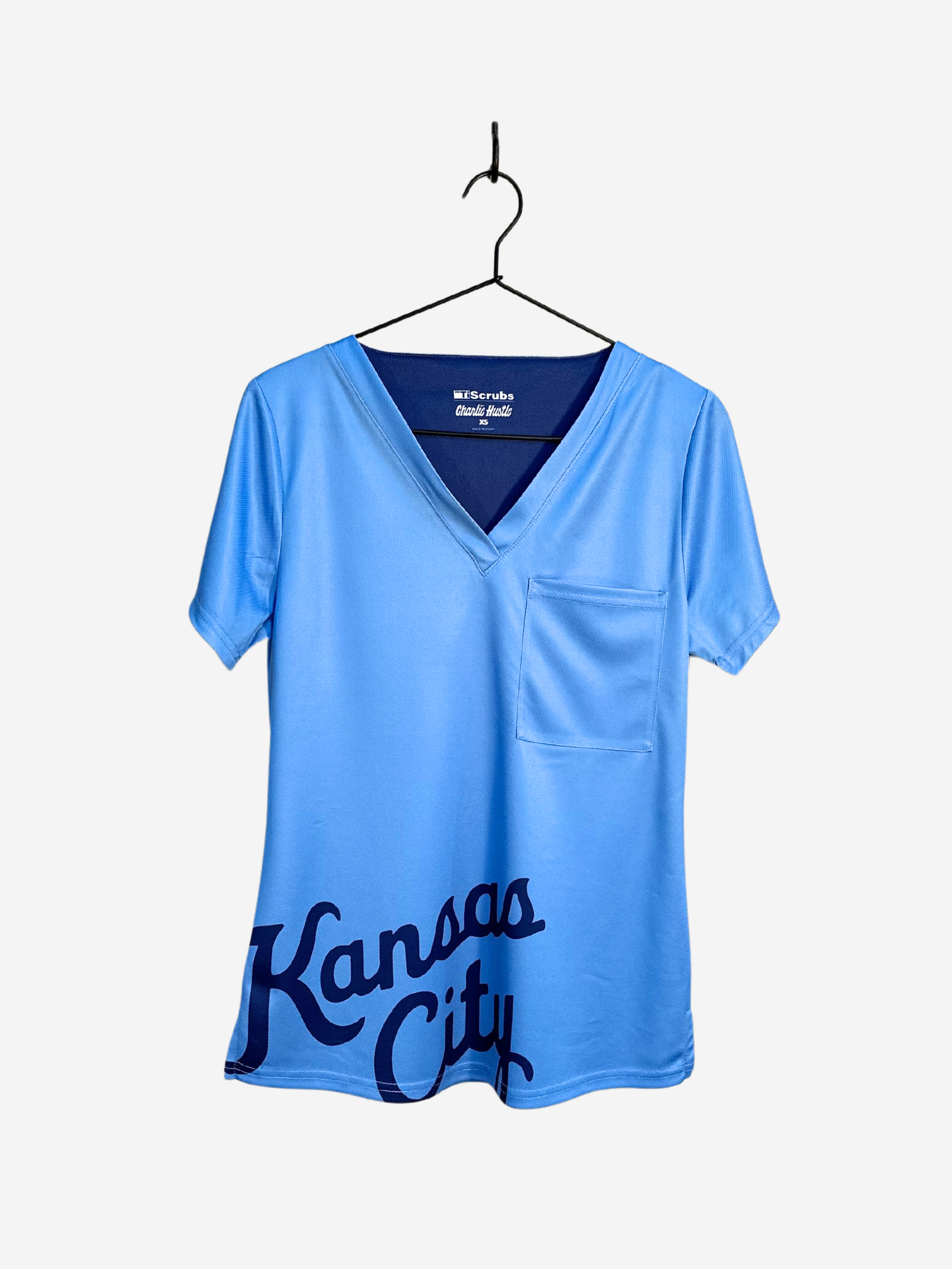 Women's Charlie Hustle Kansas City Script Scrub Top Light Blue and Navy Front View