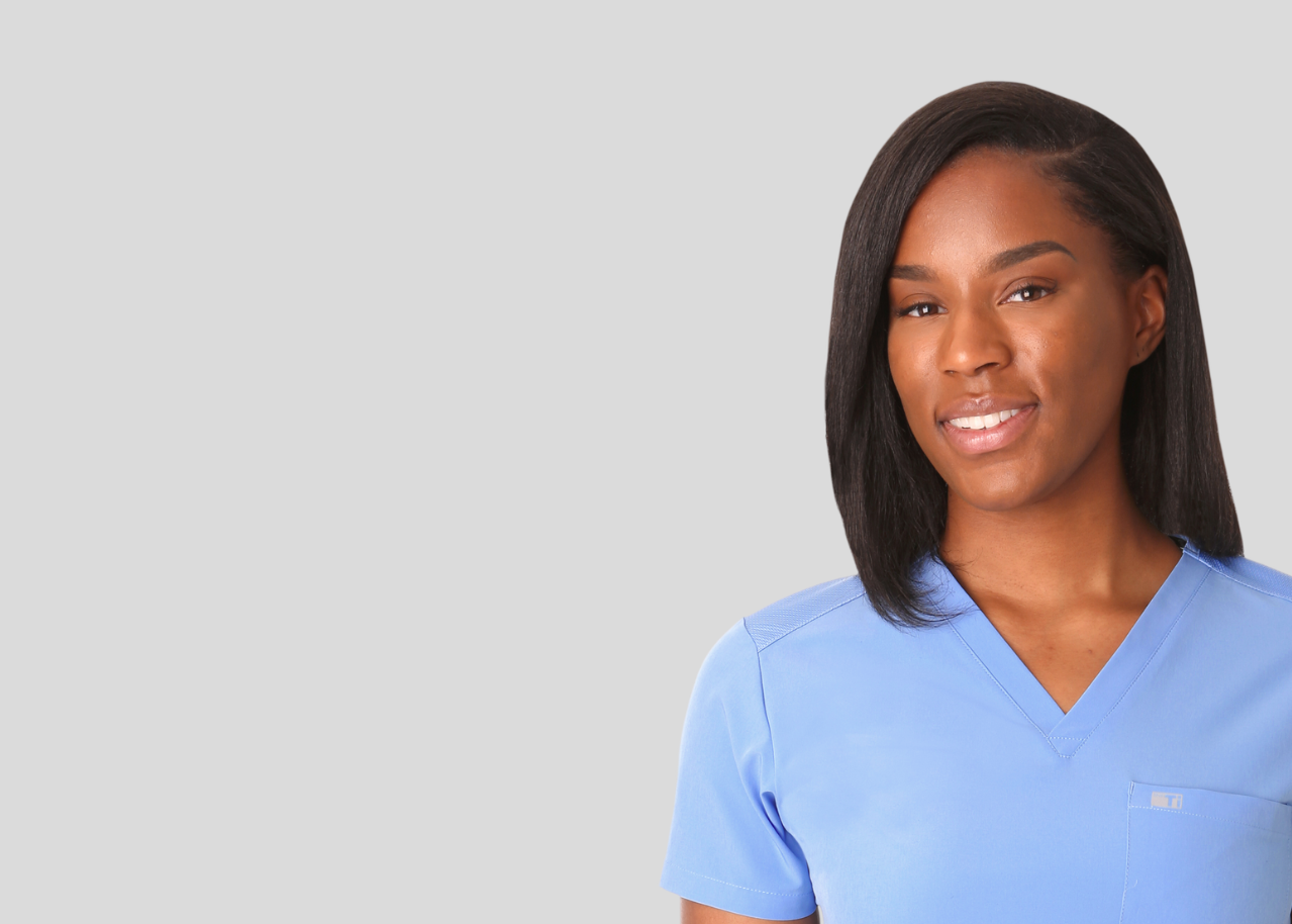 Woman in Ceil Blue Scrub Top