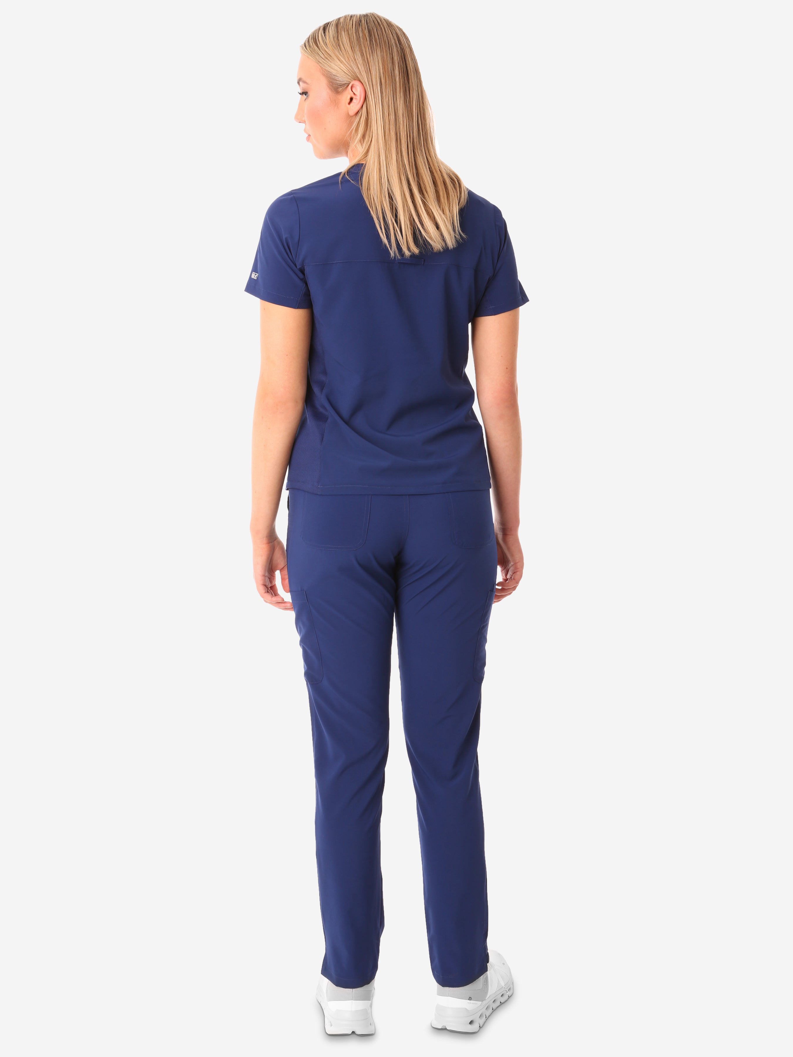 TiScrubs Navy Blue Women&#39;s Stretch 9-Pocket Pants and Stash-Pocket Top Back View Full Body