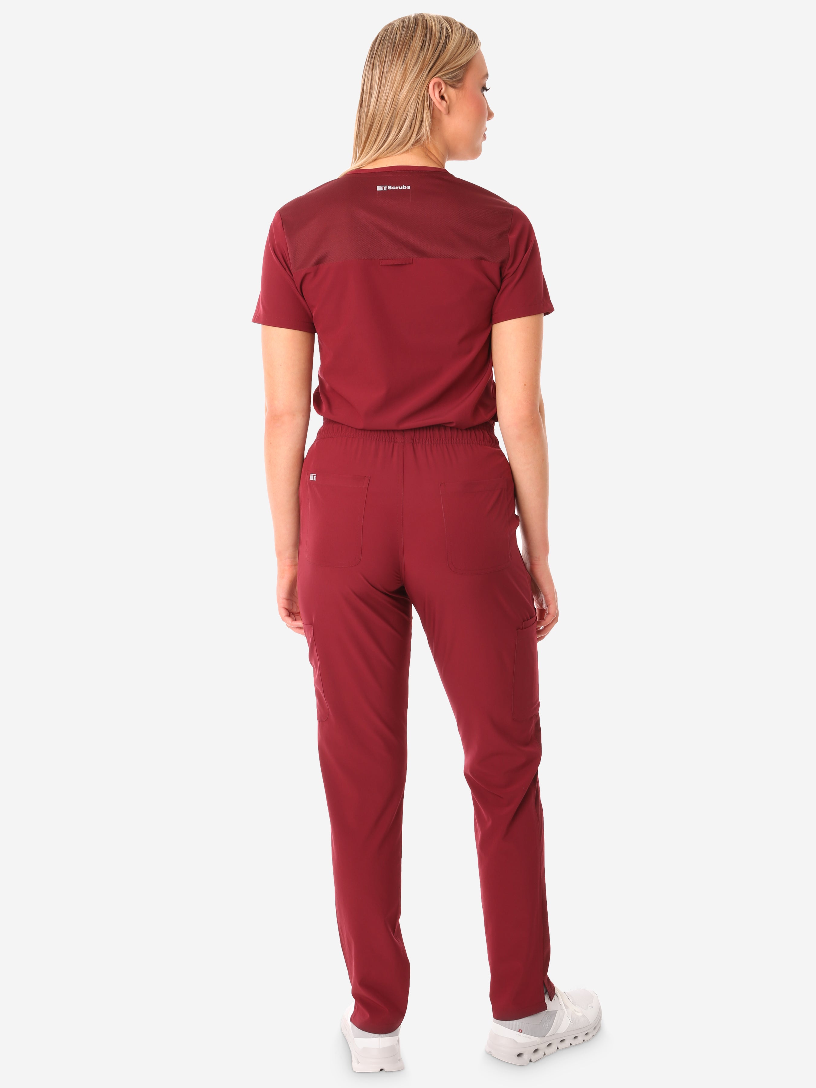 TiScrubs Bold Burgundy Women&#39;s Stretch 9-Pocket Pants and One-Pocket Tuckable Top Back View Full Body