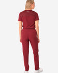 TiScrubs Bold Burgundy Women's Stretch 9-Pocket Pants and One-Pocket Tuckable Top Back View Full Body