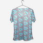 Women's Charlie Hustle Print Scrub Top in Turquoise and Red with 3 Pockets Back View