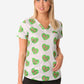 Women's Charlie Hustle All-Over KC Heart Scrub Top Three Pocket Green and Pink Front View Top Only