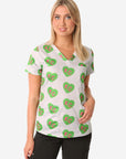 Women's Charlie Hustle All-Over KC Heart Scrub Top Three Pocket Green and Pink Front View Top Only