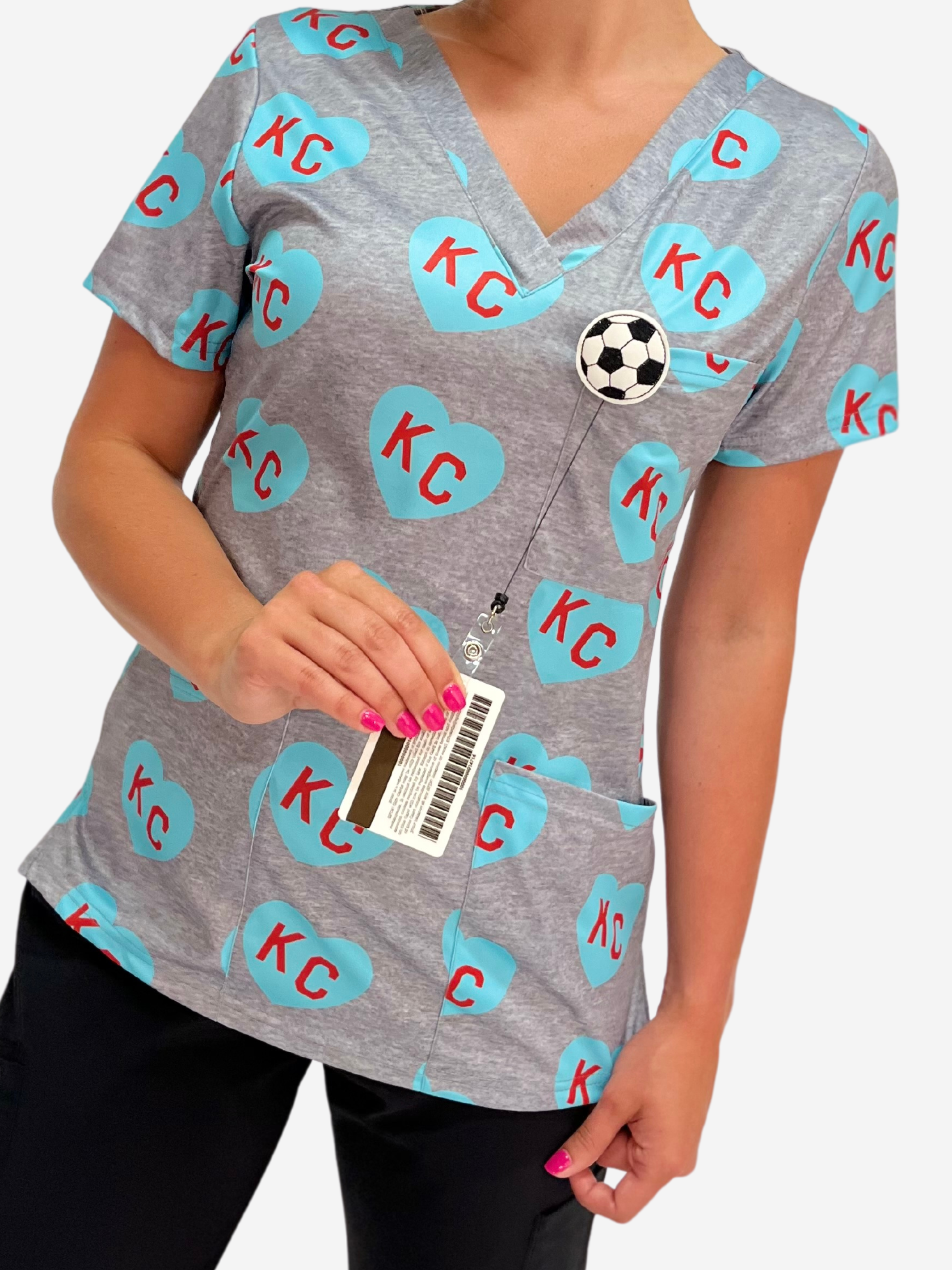 Badge Reel Accessory Soccer Ball with Charlie Hustle All-Over KC Scrub Top Turquoise