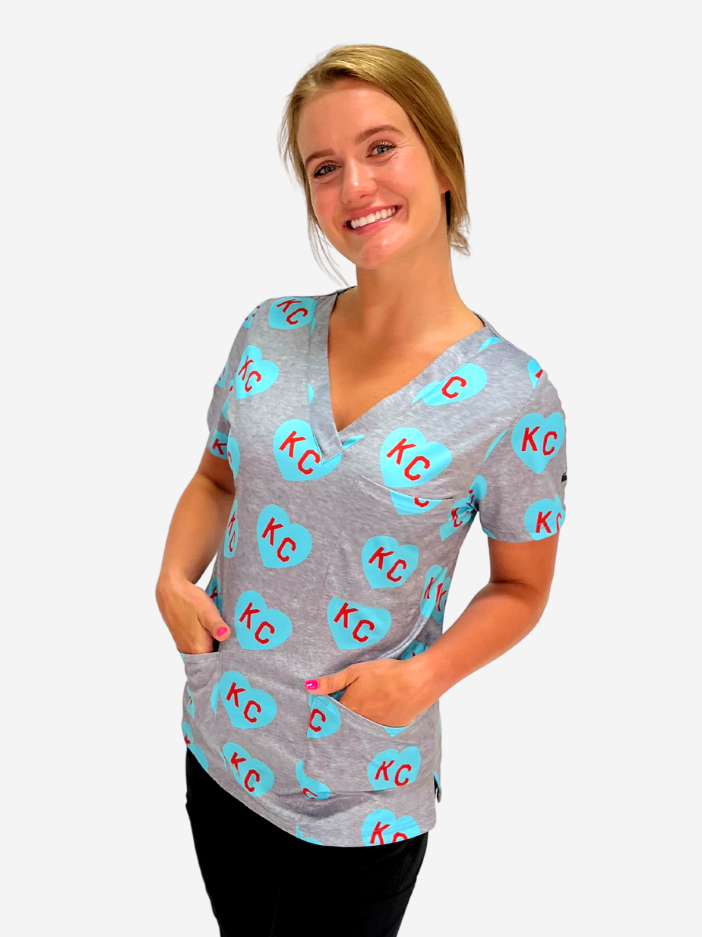 Women&#39;s Charlie Hustle All-Over Heart Scrub Top Turquoise Kansas City Women&#39;s Soccer