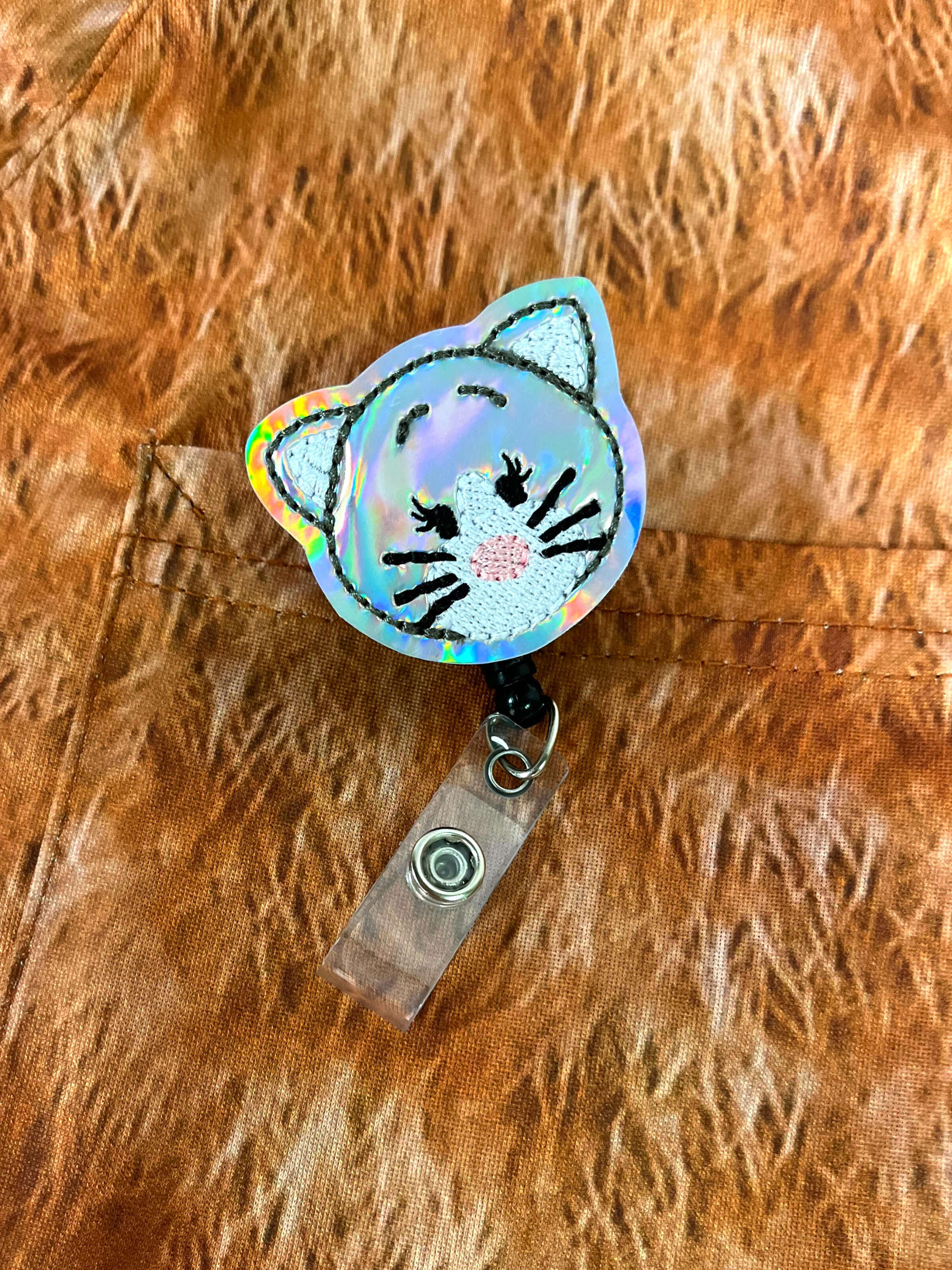 Badge Reel Accessory Iridescent Gray Cat Kitten Killer Kitty on Animal Fur Top