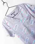 Womens print scrub top with Chicago Flag on light gray