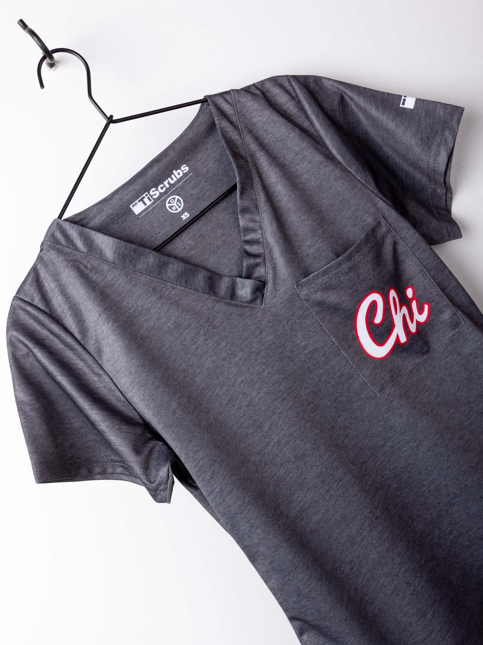 Womens Chicago Themed Scrub Top in dark gray