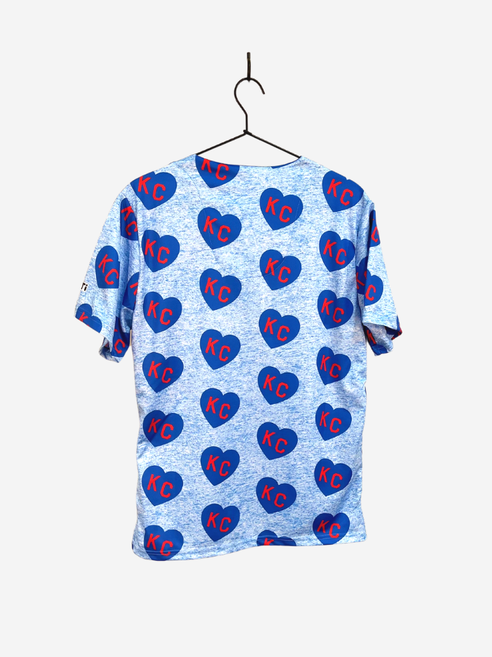 Men's Charlie Hustle All-Over Heart KU Basketball Colors Kanasas 3-Pocket Scrub Top Back