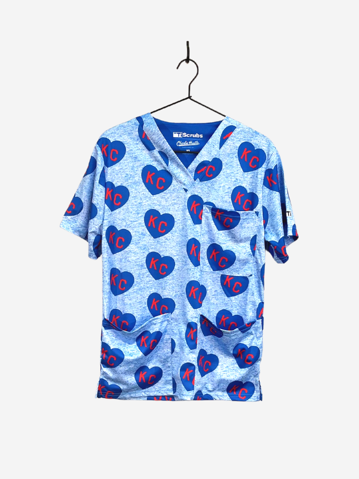 Men's Charlie Hustle All-Over Heart KU Basketball Colors Kanasas 3-Pocket Scrub Top Front 