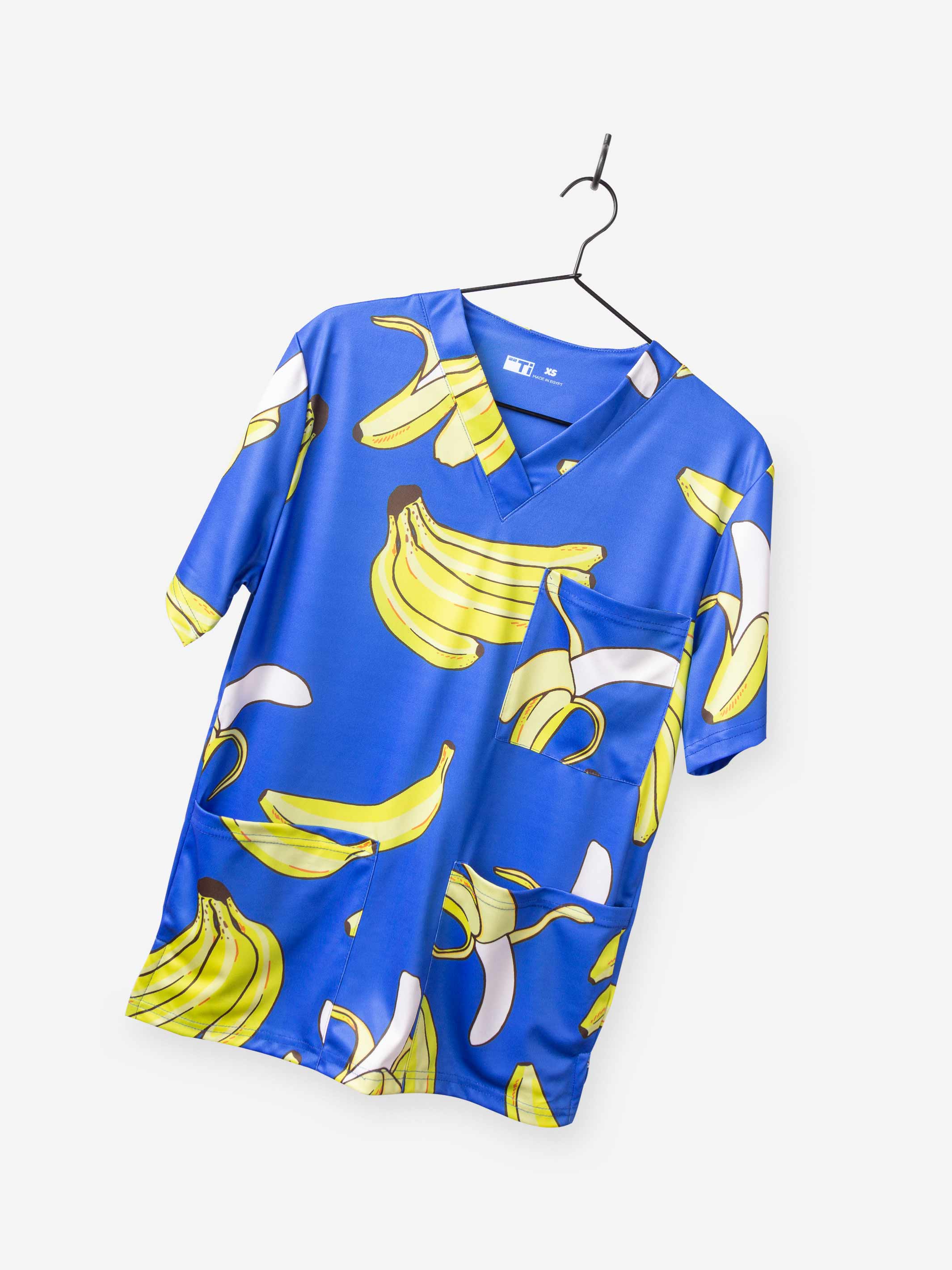 Men&#39;s Banana Print Scrub Top with 3 pockets in Royal Blue and vneck
