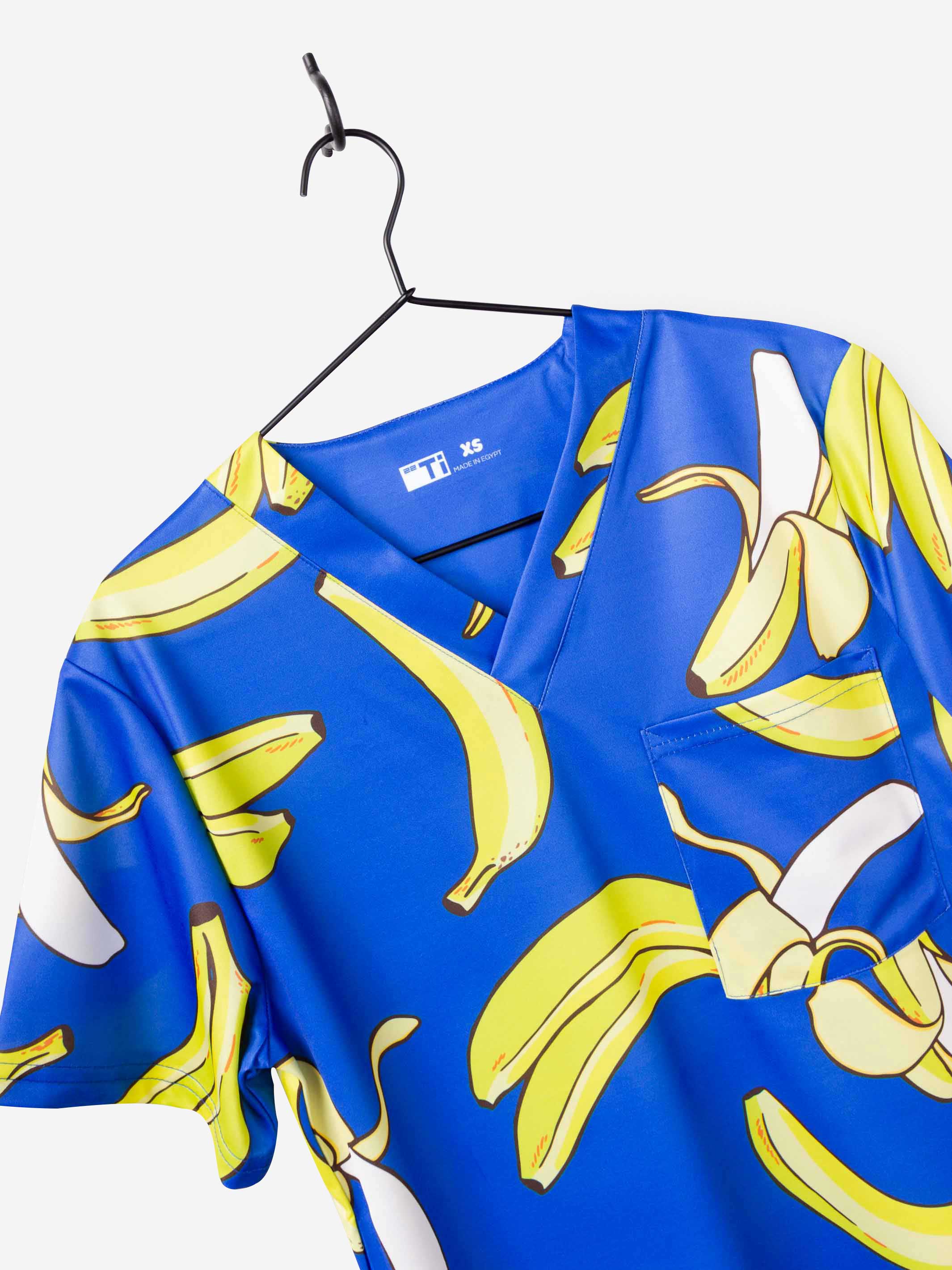 Men&#39;s Banana Print Scrub Top with 3 pockets in Royal Blue