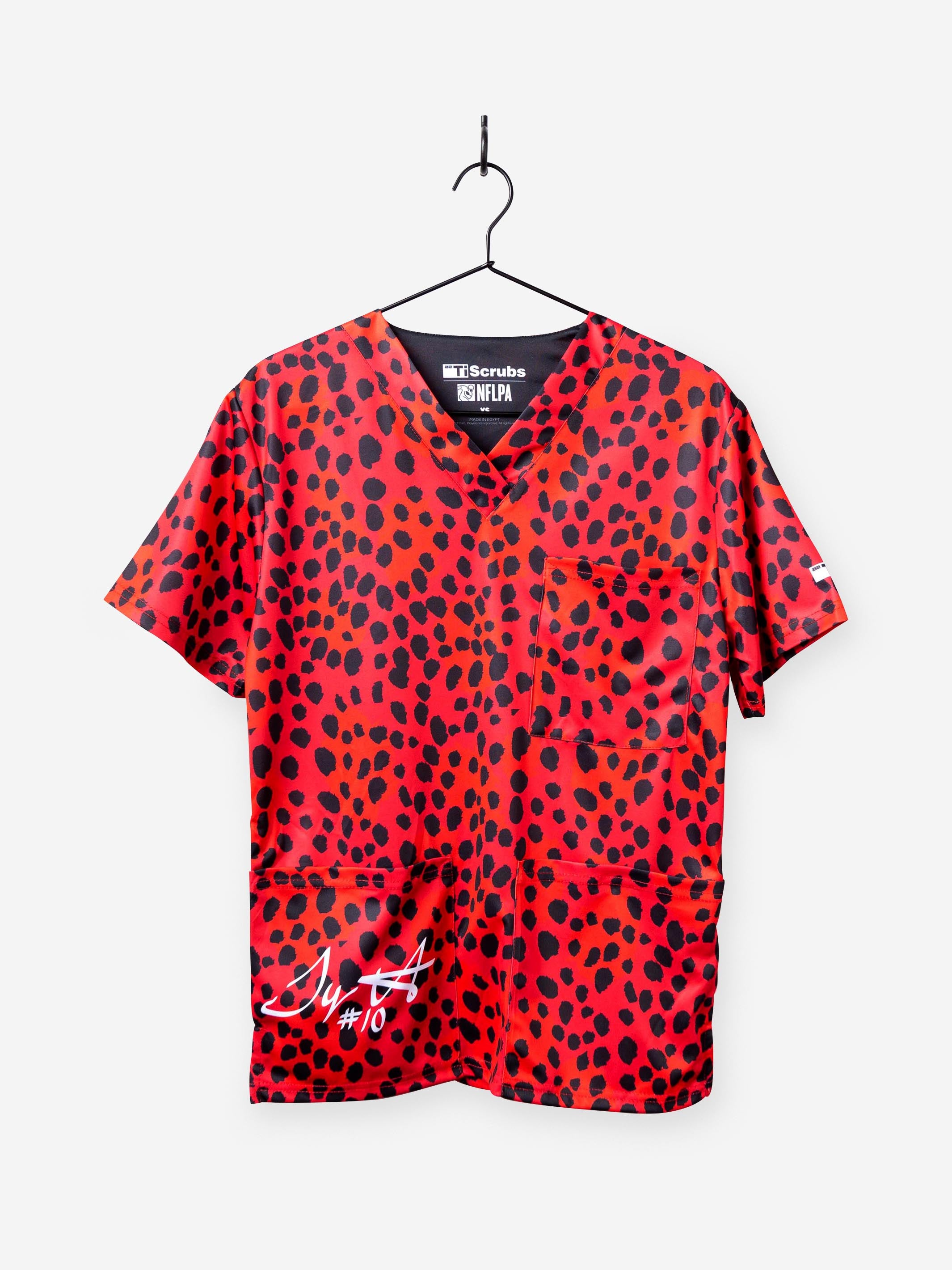 Men&#39;s NFL Tyreek Hill Cheetah Print scrub top in red and black